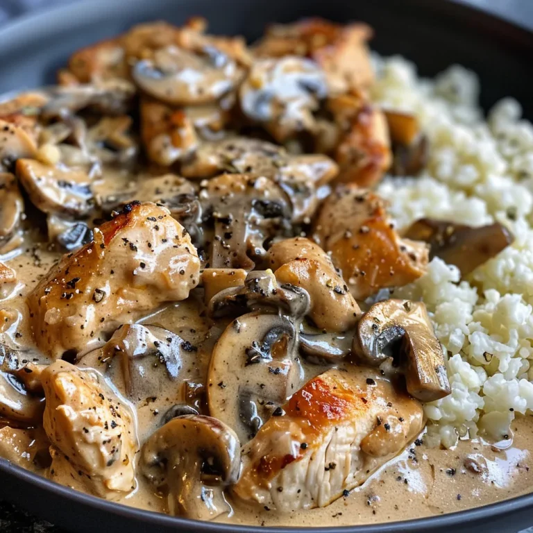 Creamy Mushroom and Chicken Keto Protein Bowl garnished with herbs.