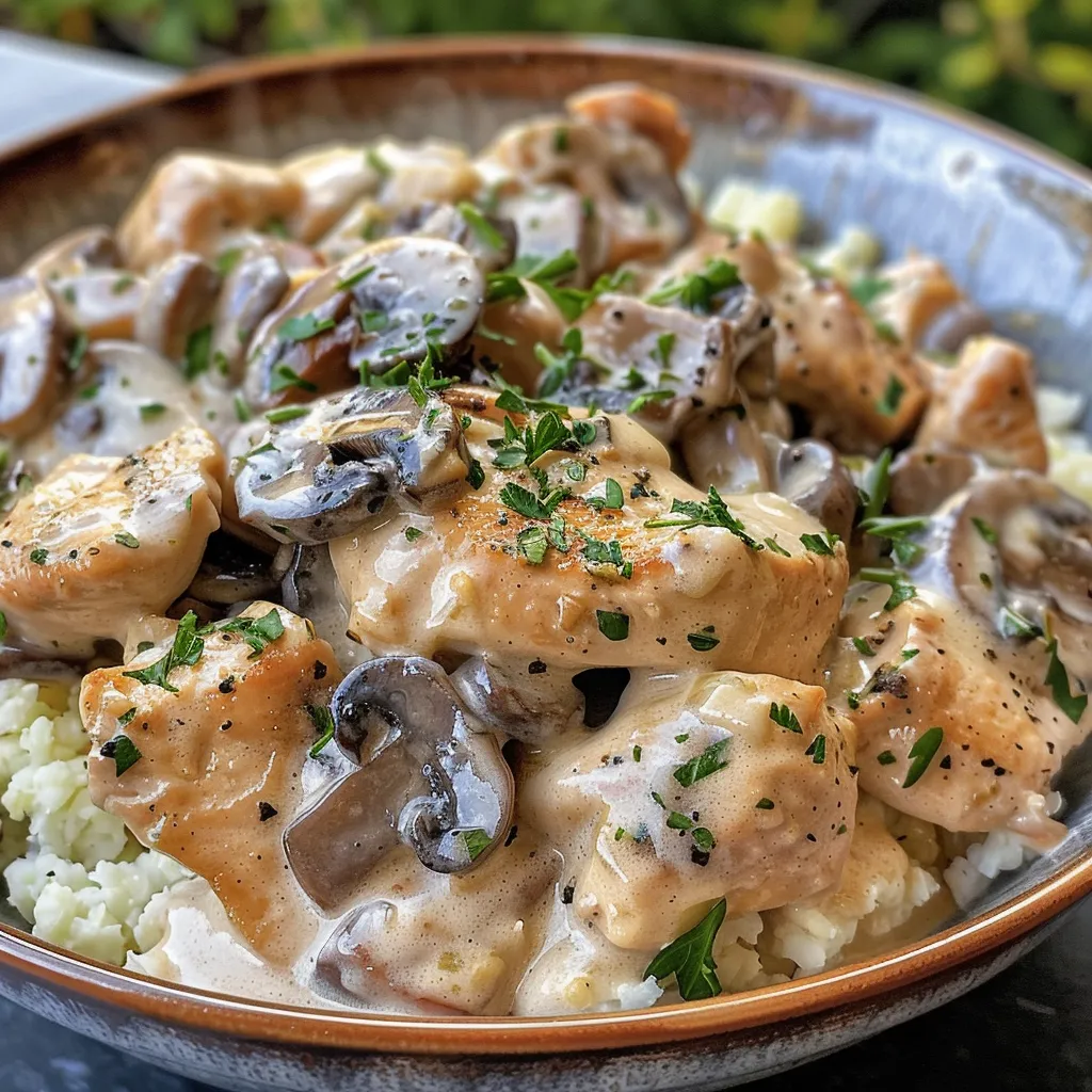 Close-up of a delicious protein bowl featuring chicken and mushrooms.