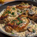 Juicy Creamy Mushroom Chicken dish on a plate, showing sliced chicken and mushrooms.