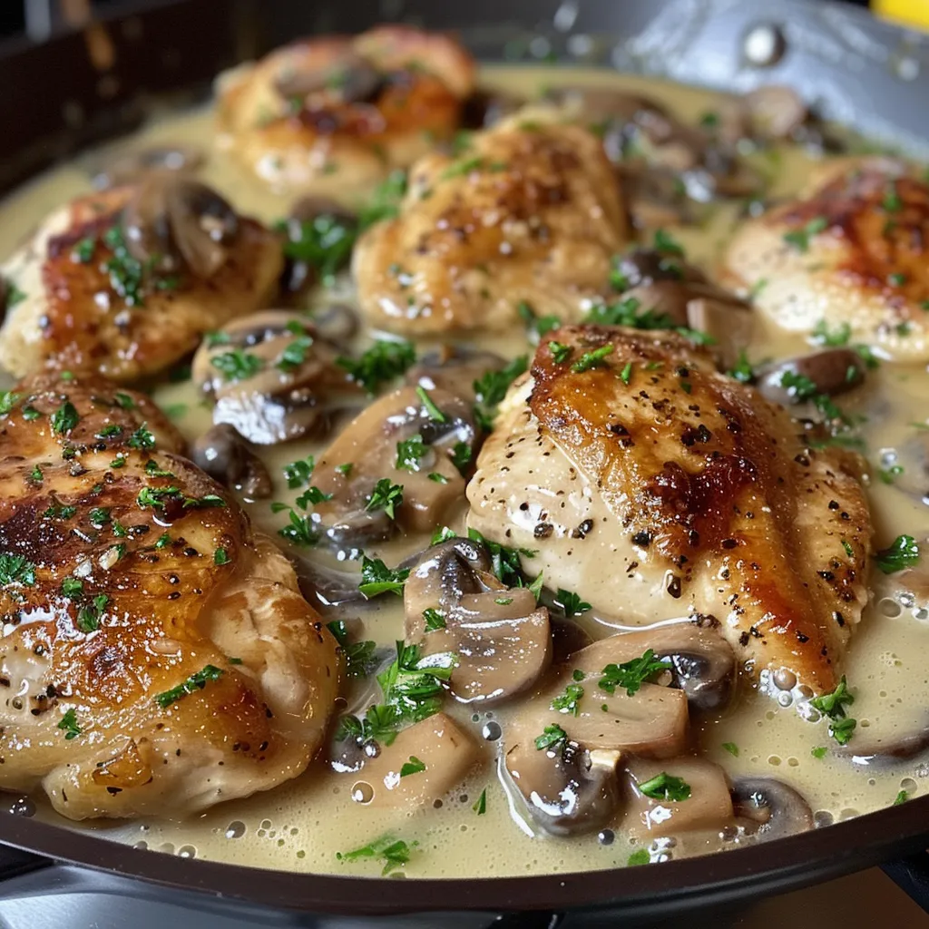 Juicy chicken thighs in a rich mushroom sauce, featuring garlic and herbs.
