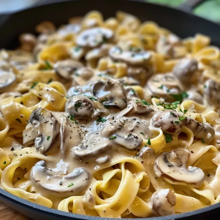 Creamy mushroom stroganoff pasta in a bowl with fresh parsley on top.