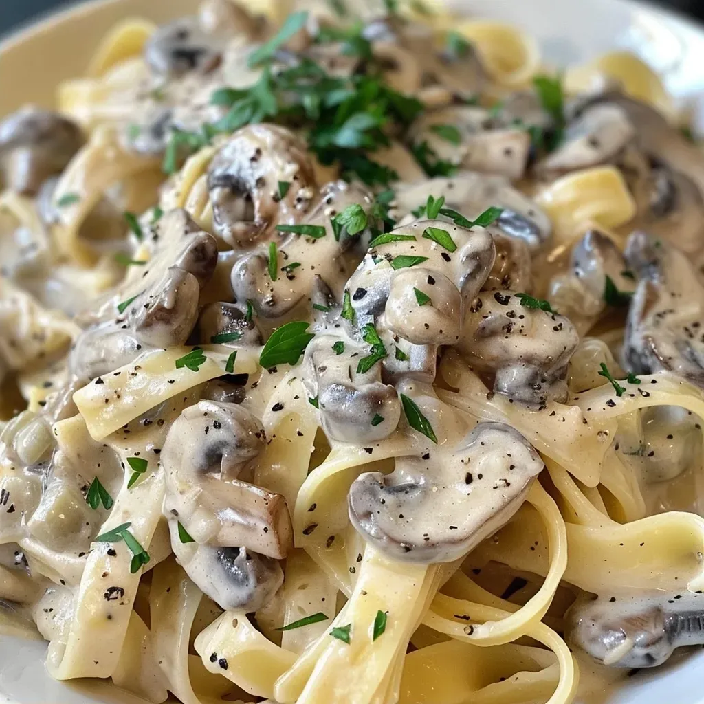 Close-up view of fettuccine pasta coated in a creamy mushroom sauce.