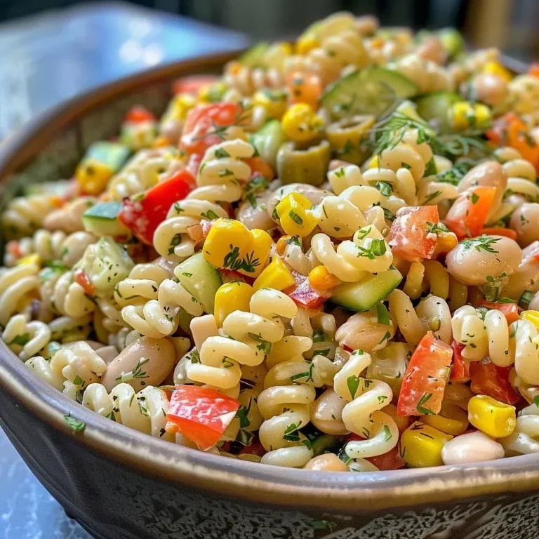 Zesty Creamy Pasta Salad: A Vibrant Twist on a Classic Dish! Close-up view of a creamy pasta salad with vibrant vegetables.