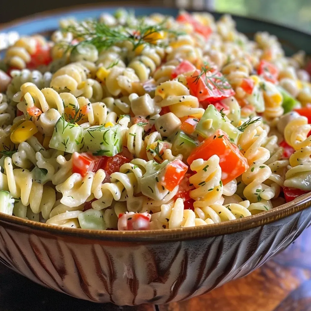 Side angle of a bowl filled with colorful creamy pasta salad.