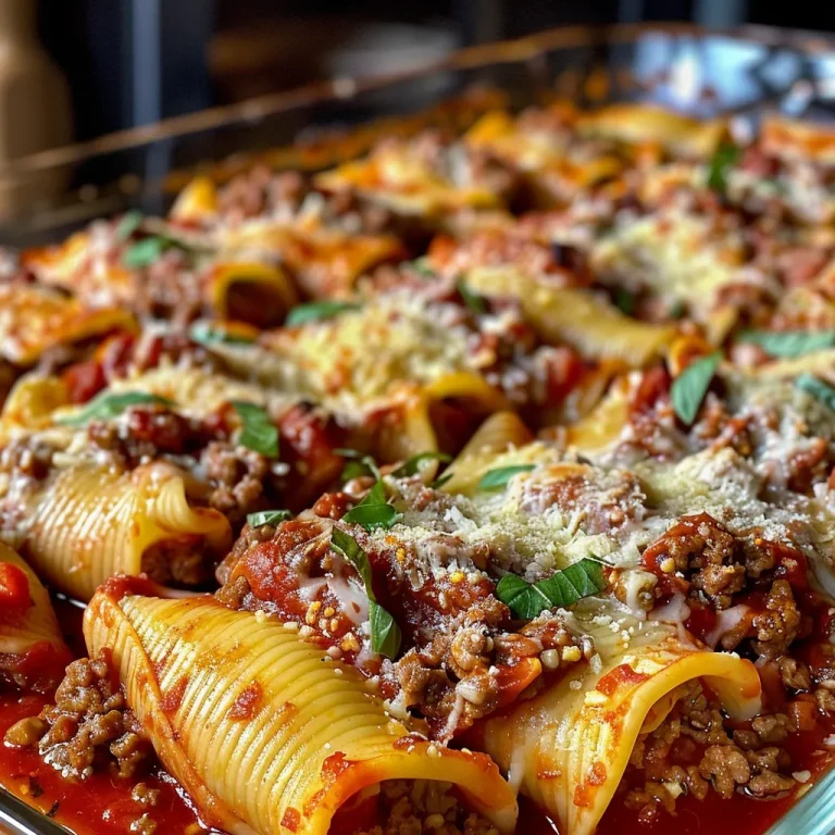 Close-up of creamy ricotta beef stuffed pasta shells topped with melted cheese.