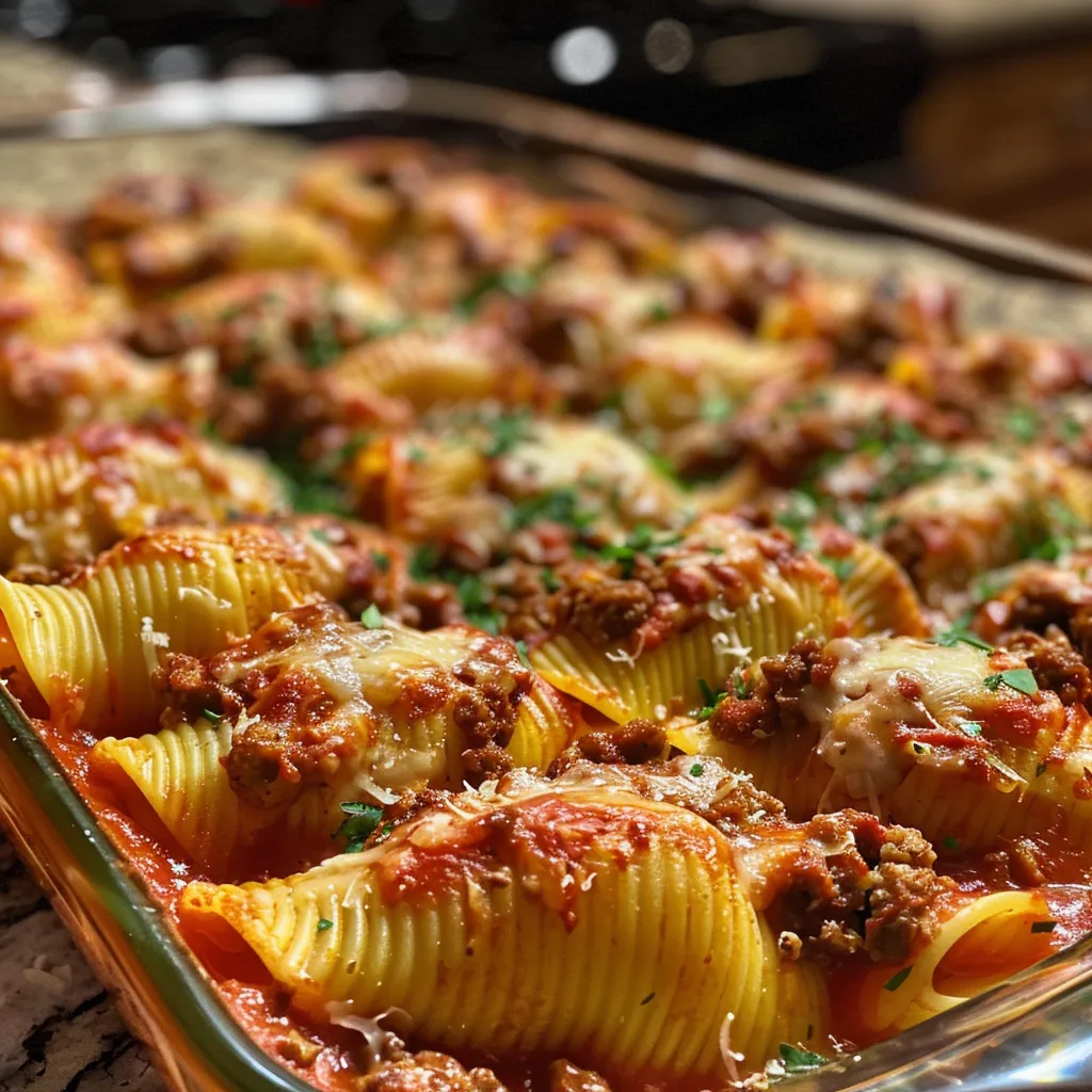 A side view of delicious beef stuffed jumbo pasta shells filled with ricotta cheese.