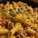 Close-up view of creamy pasta with ground beef and diced tomatoes.