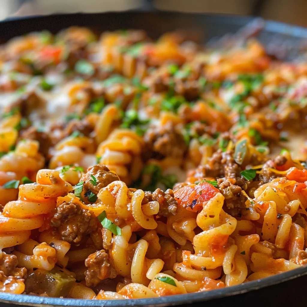 Juicy creamy Rotel pasta served in a bowl, featuring ground beef and herbs.