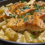 Close-up of creamy salmon pasta with fresh spinach and sun-dried tomatoes.