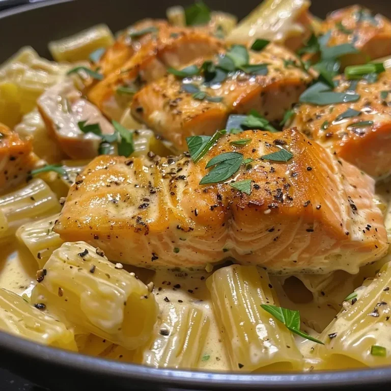 Indulge in This Quick and Creamy Salmon Pasta That Dances on Your Taste Buds! Close-up of creamy salmon pasta with fresh spinach and sun-dried tomatoes.