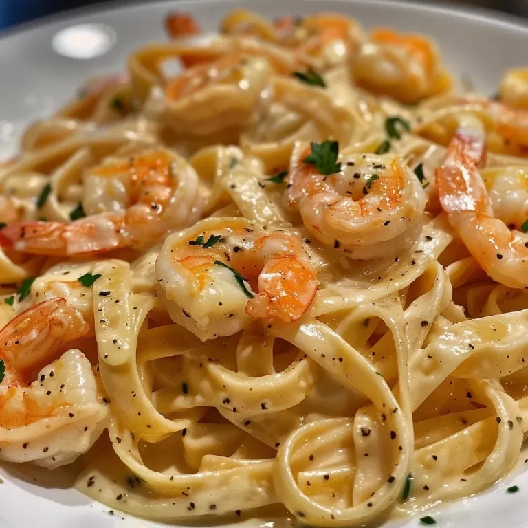 Indulge in Creamy Shrimp Fettuccine: A Quick Culinary Adventure! Close-up view of creamy shrimp fettuccine pasta topped with parsley.