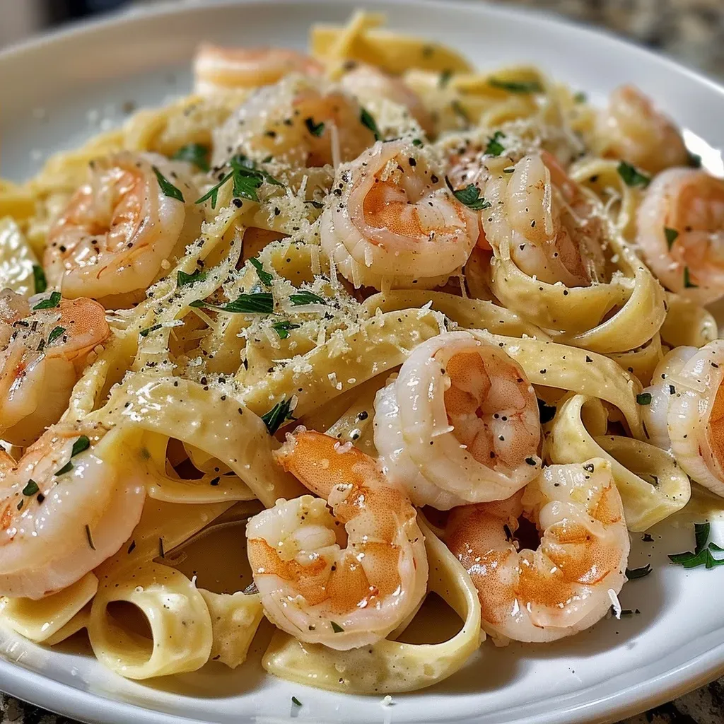 Juicy shrimp and fettuccine in creamy Alfredo sauce seen from the side.