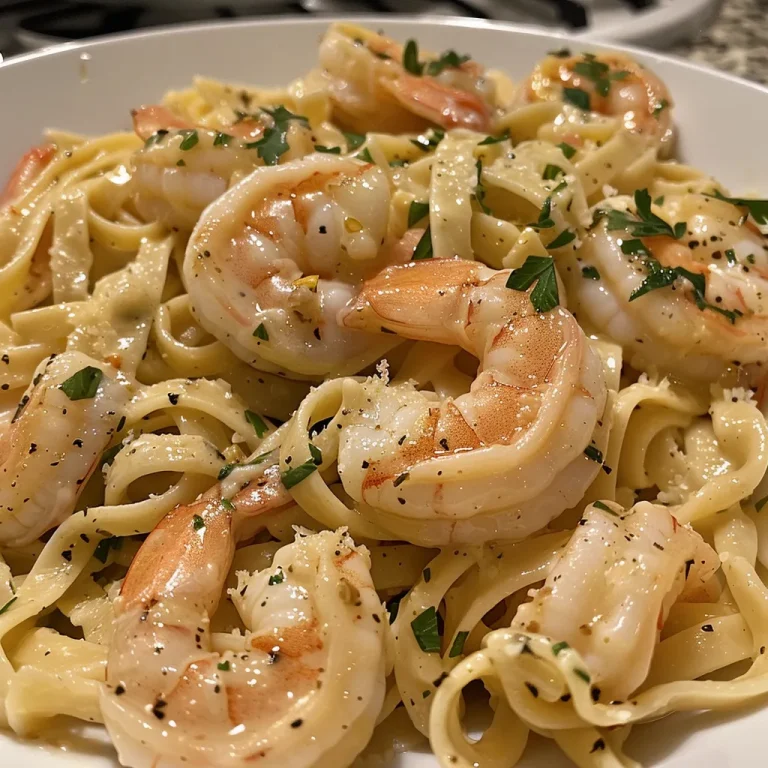 Creamy shrimp fettuccine pasta in a bowl, garnished with parsley and served with a fork.