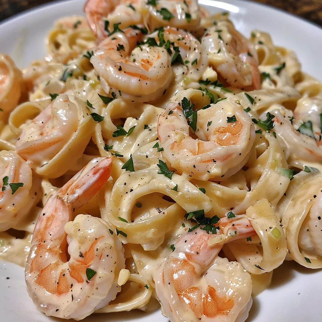Close-up view of fettuccine pasta intertwined with shrimp in a creamy Alfredo sauce.