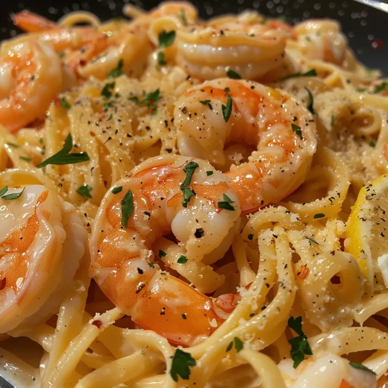 Close-up view of creamy shrimp linguine topped with parsley.