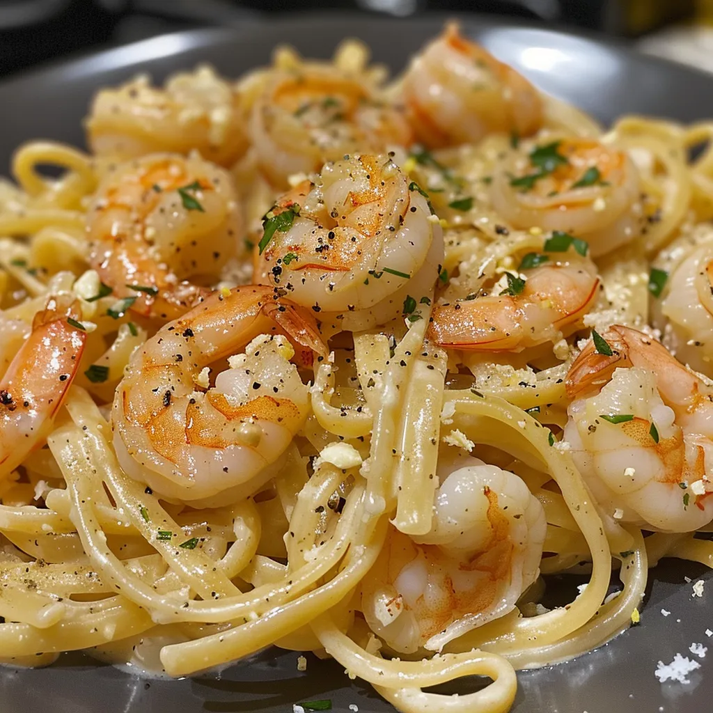Side view of a bowl filled with shrimp linguine in a rich creamy sauce.