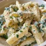 Close-up view of creamy spinach ricotta pasta with vibrant green spinach and a sprinkle of Parmesan cheese.