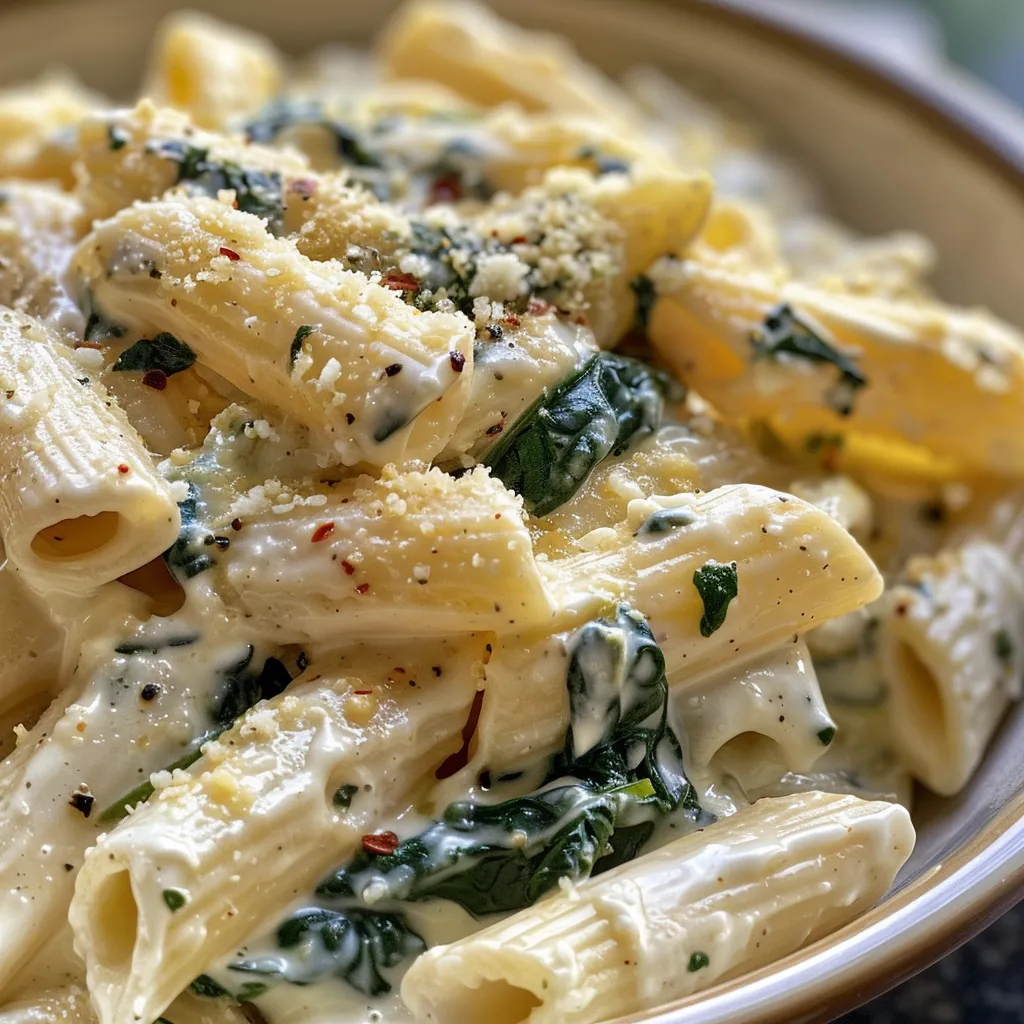Side angle shot of a bowl filled with pasta, ricotta, and spinach, showcasing its creamy texture and garnishes.