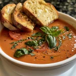 A bowl of creamy tomato basil soup topped with fresh basil and grated Parmesan cheese.