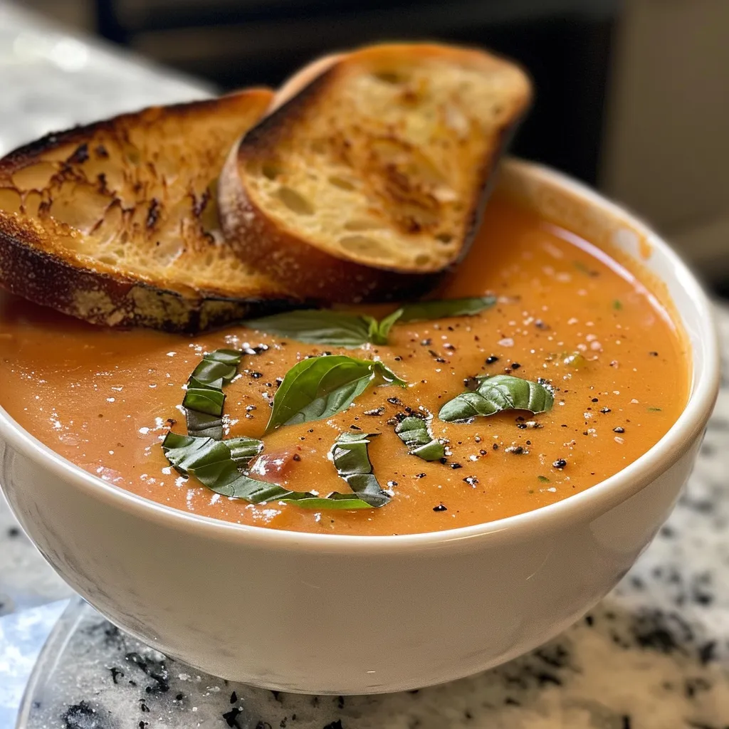 Close-up view of a vibrant creamy tomato basil soup with a drizzle of cream and herbs.