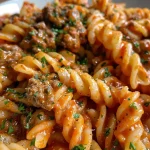 Close-up view of creamy tomato beef pasta with ground beef and herbs.