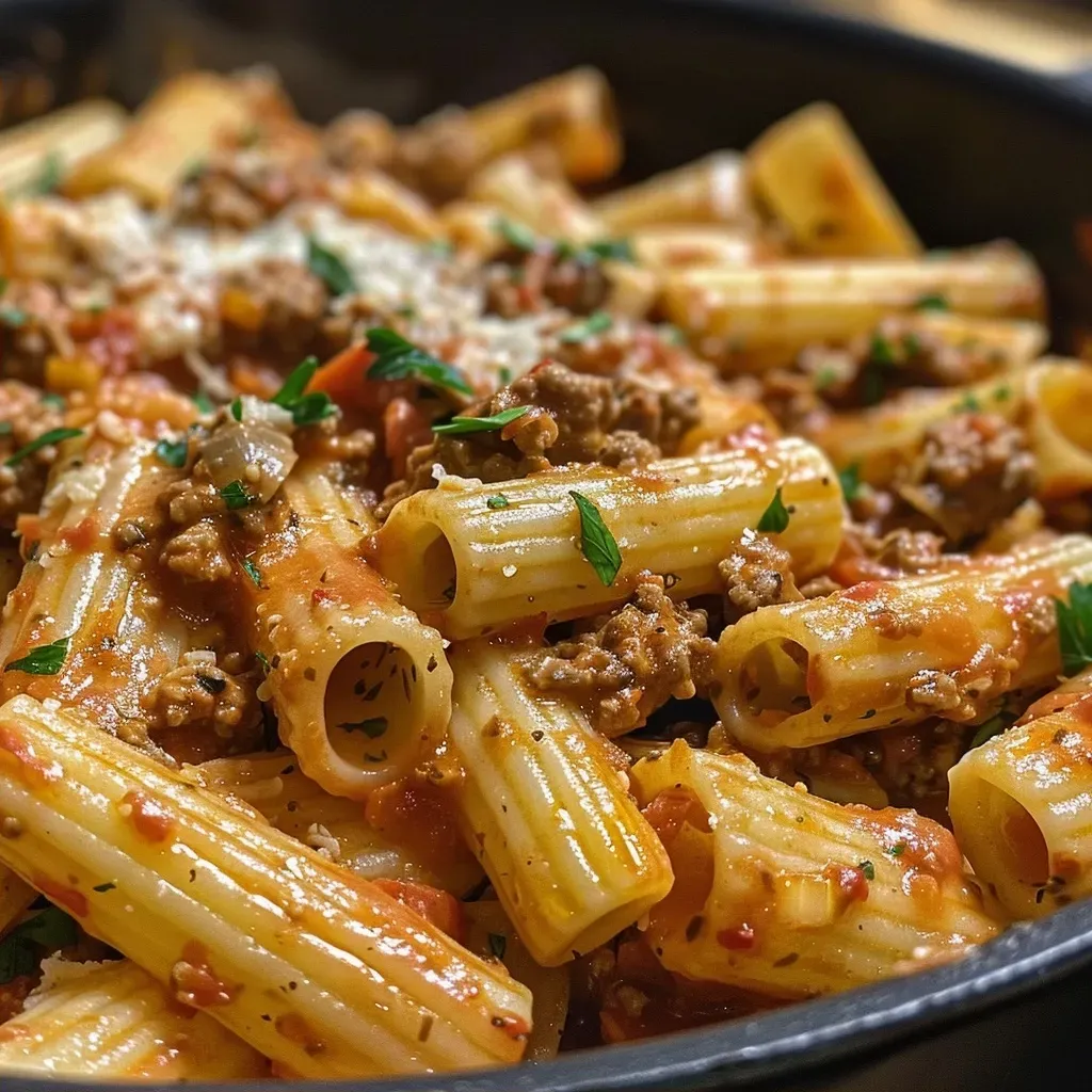 Juicy creamy pasta dish featuring ground beef and tomato sauce.