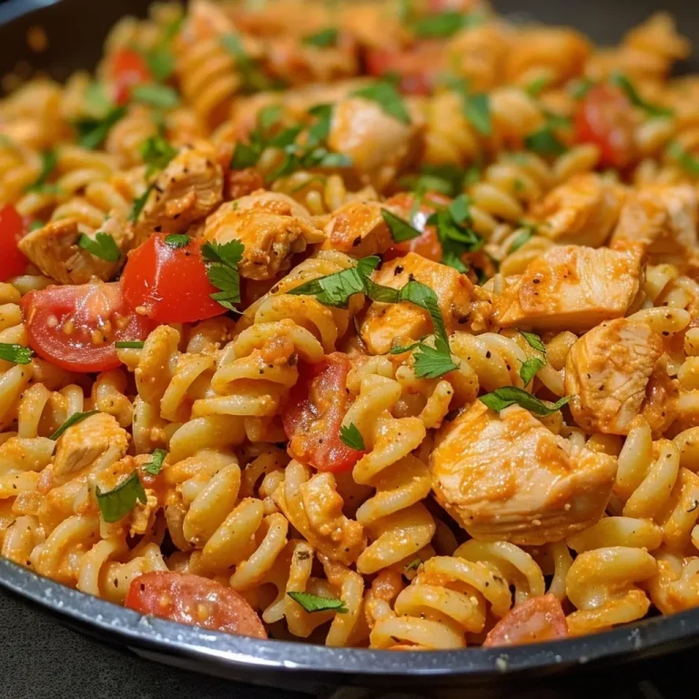 ['Close-up view of creamy tomato chicken pasta with rotini, topped with green onions and parsley.', 'Juicy chicken pieces in a rich tomato sauce, served over cooked rotini pasta, garnished with mozzarella cheese.', 'A vibrant dish of creamy tomato chicken pasta, showcasing the spiral pasta and colorful ingredients.', 'Delicious creamy tomato chicken pasta, featuring chunks of chicken, chopped tomatoes, and herbs.']