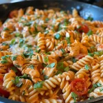Close-up view of creamy tomato chicken pasta with rotini noodles and garnished with green onions and parsley.