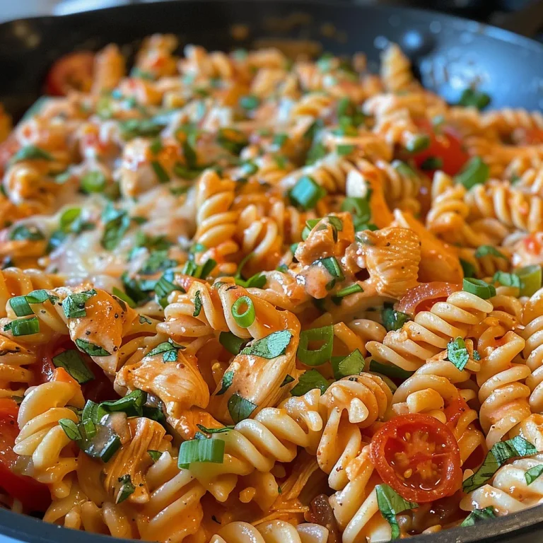 Close-up view of creamy tomato chicken pasta with rotini noodles and garnished with green onions and parsley.