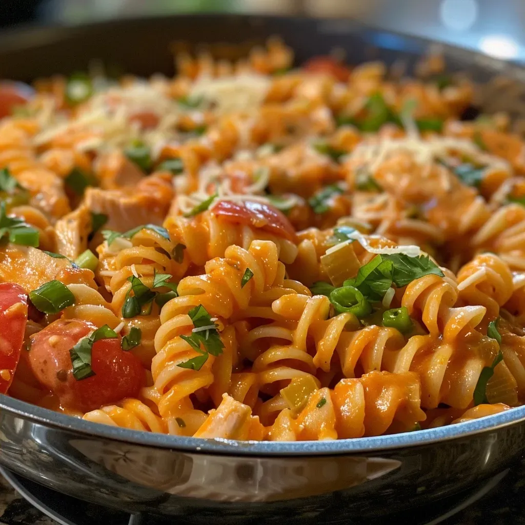 ['Close-up view of creamy tomato chicken pasta with rotini, topped with green onions and parsley.', 'Juicy chicken pieces in a rich tomato sauce, served over cooked rotini pasta, garnished with mozzarella cheese.', 'A vibrant dish of creamy tomato chicken pasta, showcasing the spiral pasta and colorful ingredients.', 'Delicious creamy tomato chicken pasta, featuring chunks of chicken, chopped tomatoes, and herbs.']