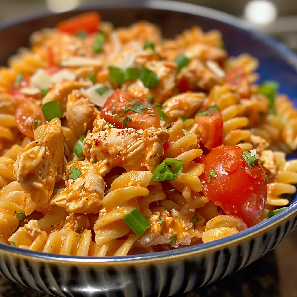 A side perspective of a bowl filled with creamy tomato chicken pasta, showcasing the vibrant red sauce and shredded mozzarella cheese.