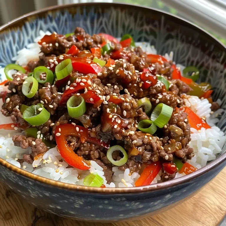 A close-up view of Crispy Chilli Beef Rice with minced beef, bell peppers, and garnished with spring onions.