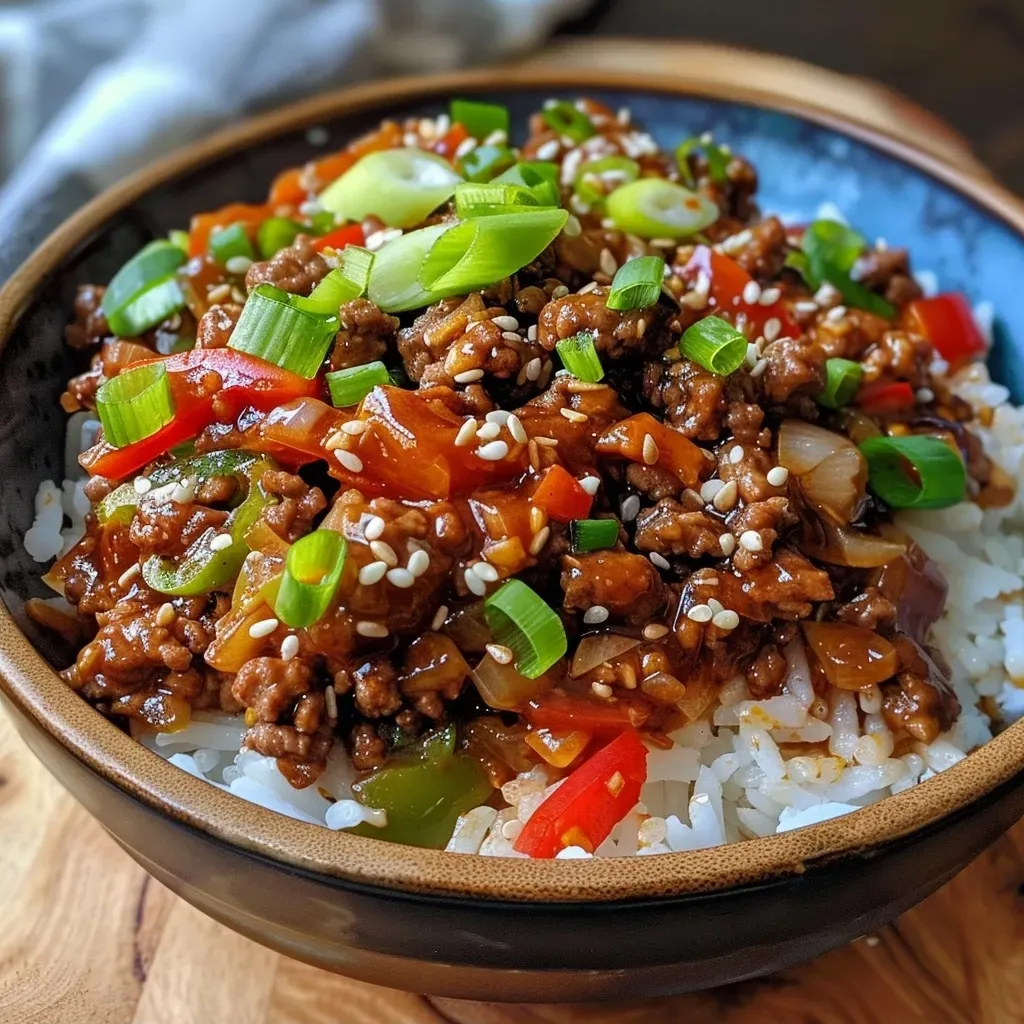 Side view of a bowl filled with Crispy Chilli Beef Rice, showcasing juicy beef and vibrant vegetables.