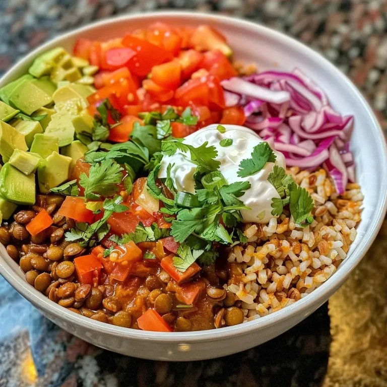 Close-up view of a colorful Crockpot Lentils Burrito Bowl with fresh toppings.