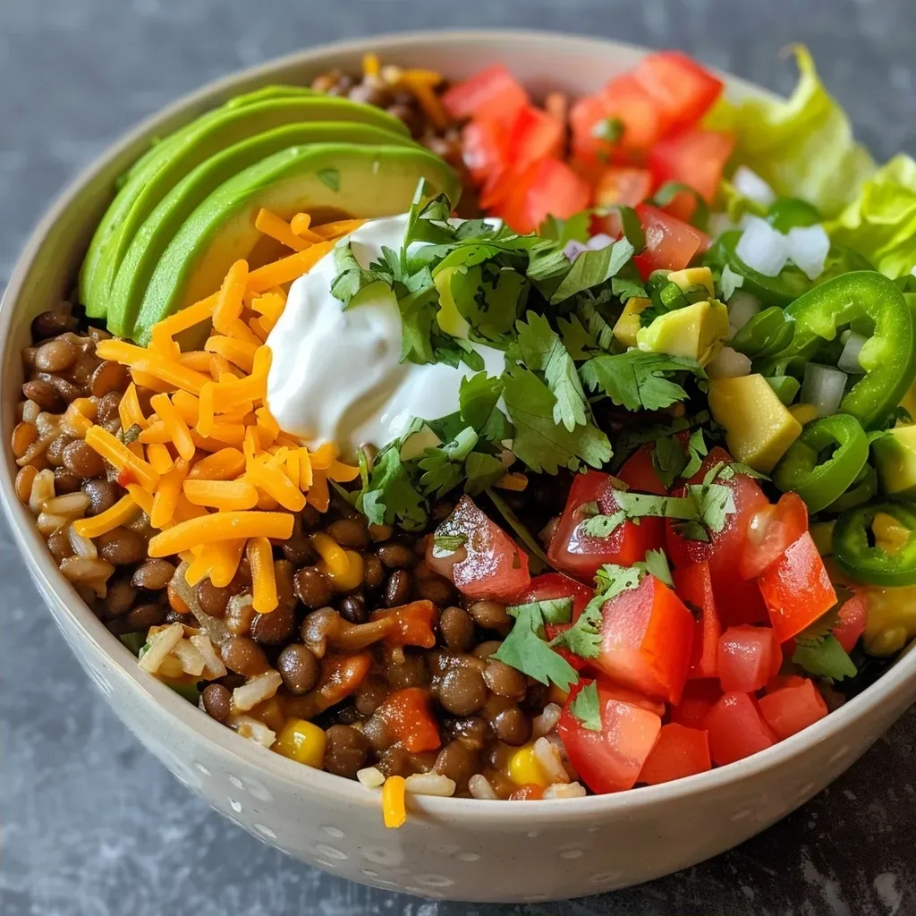 A side view of a hearty lentils burrito bowl filled with rice, lentils, and vibrant toppings.