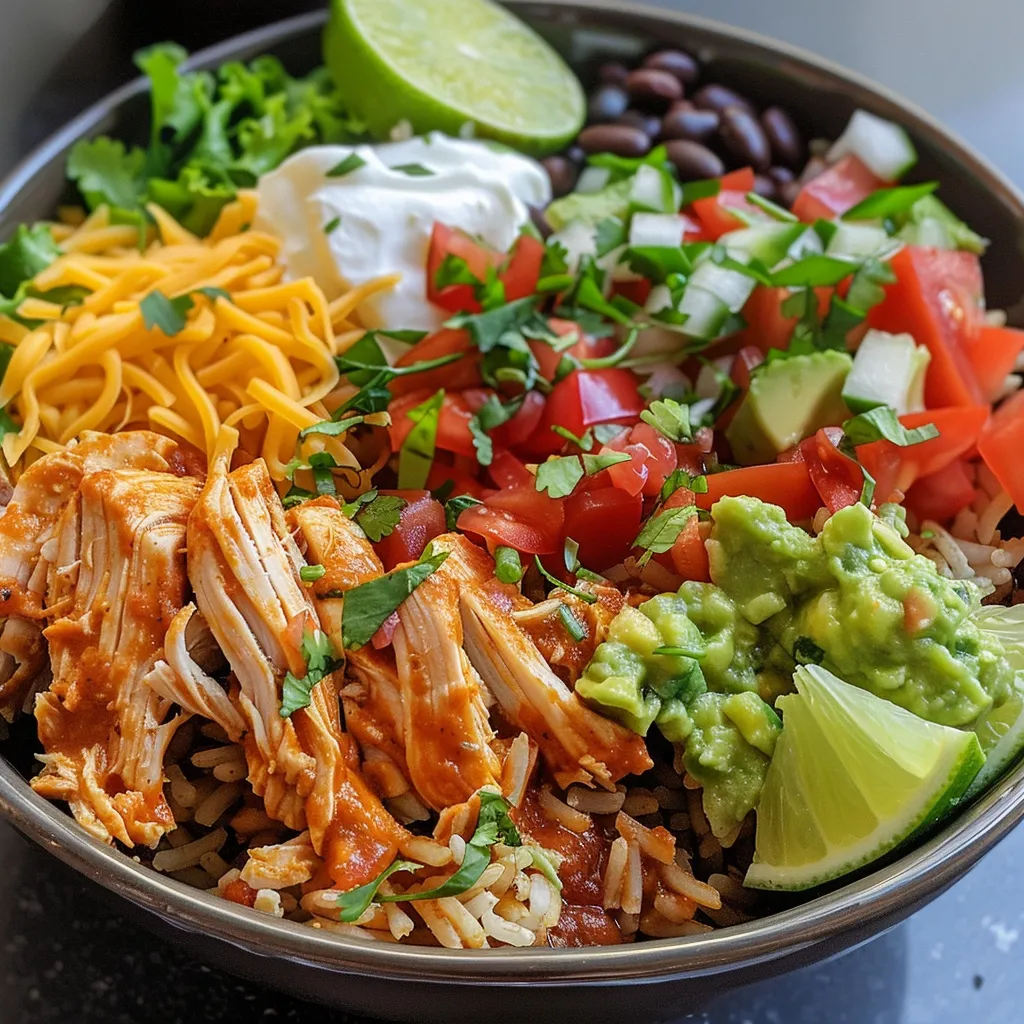 Juicy chicken burrito bowl featuring salsa, rice, and fresh toppings in a bowl.