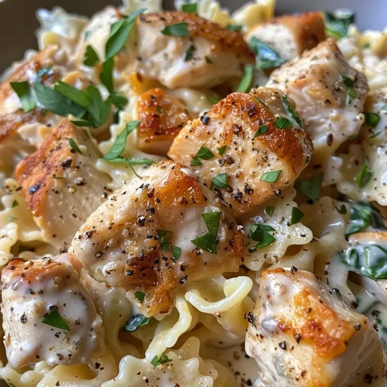 Indulge in Creamy Goodness: Dairy Free Chicken Alfredo That Dances on Your Taste Buds Close-up view of Dairy Free Chicken Alfredo with gluten-free farfalle and fresh spinach.