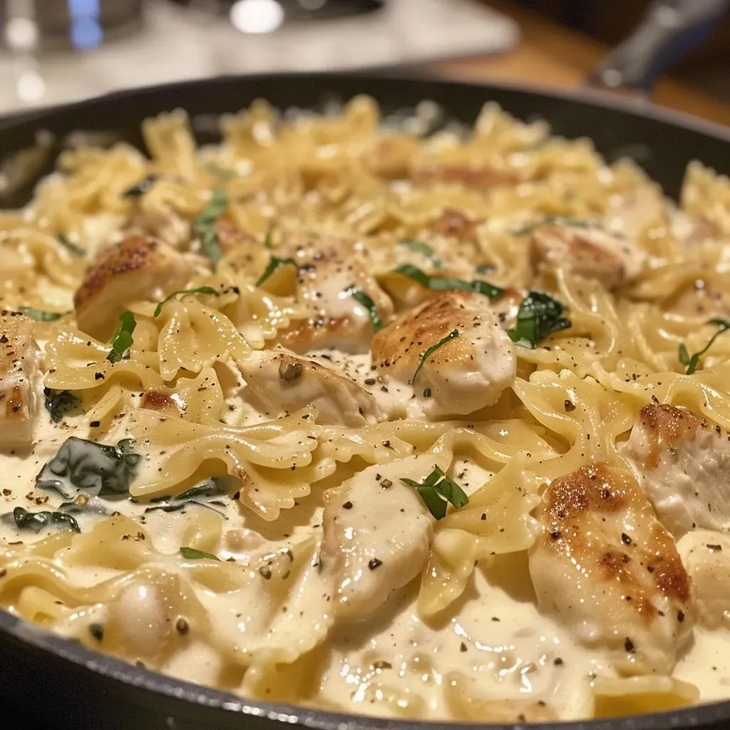 Juicy Dairy Free Chicken Alfredo dish showcasing diced chicken and creamy sauce.