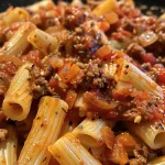 Close-up of delicious beef pasta in tomato sauce with herbs on top.