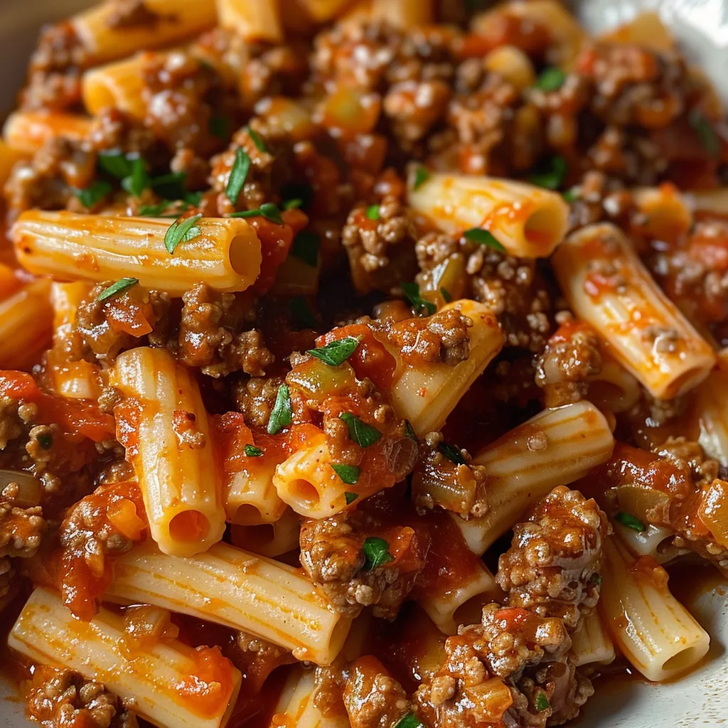 Juicy spaghetti mixed with ground beef and tomato sauce, garnished with parsley.
