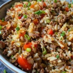 Close-up of a bowl of Dirty Rice with Ground Beef, garnished with green onions.