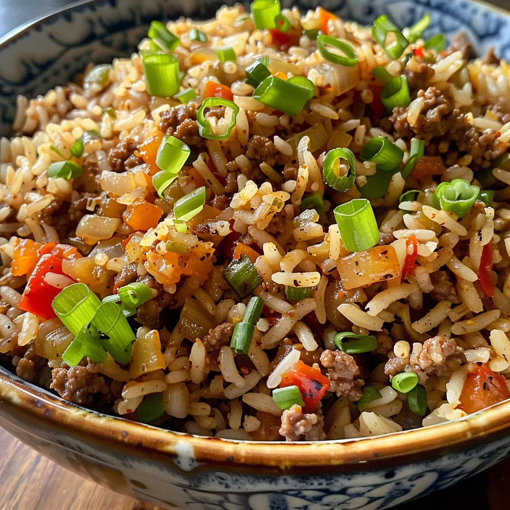 Juicy Dirty Rice featuring ground beef, onions, and peppers, viewed from the side.
