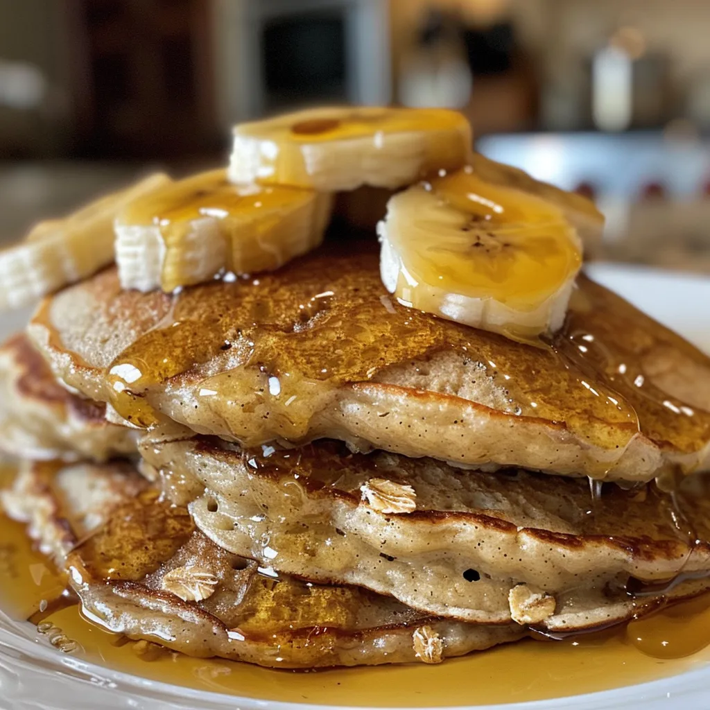 Side view of fluffy banana oat pancakes topped with sliced bananas and syrup.