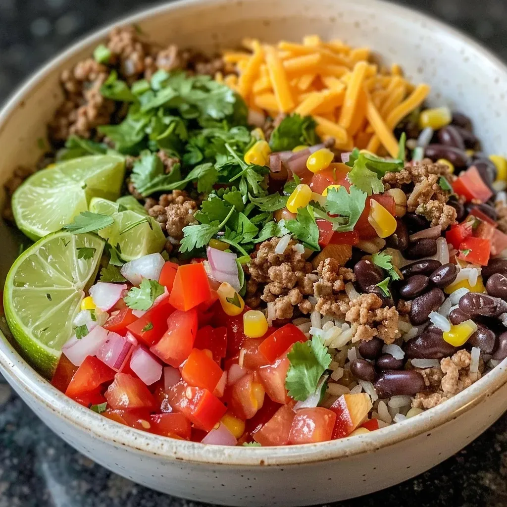 Side angle of a beef burrito bowl featuring rice, beans, and cheese.