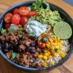 Close-up view of a beef burrito bowl filled with rice, beans, and fresh toppings.