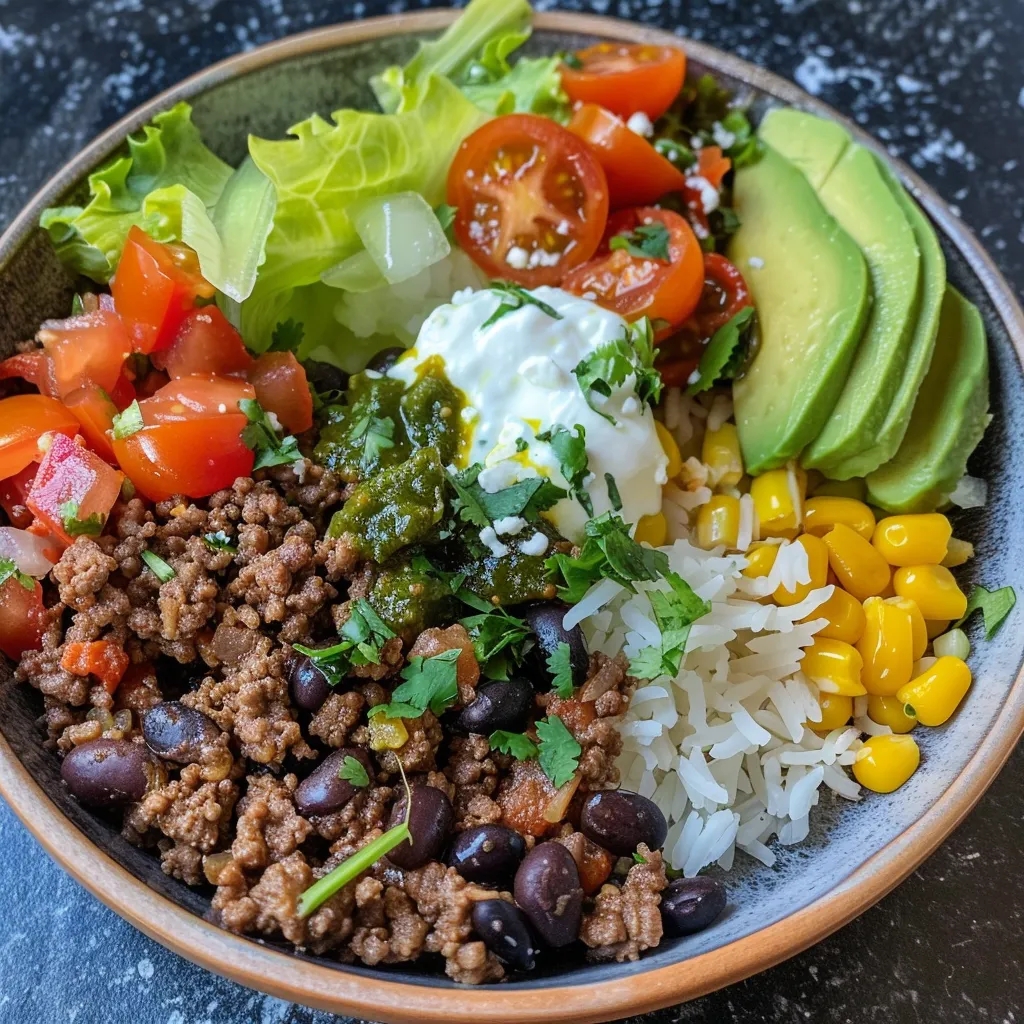 Juicy Easy Beef Burrito Bowl showcasing layers of meat, lettuce, and tomatoes.