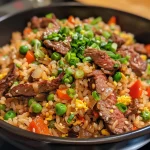 Close-up view of Easy Beef Fried Rice with colorful vegetables and slices of beef.