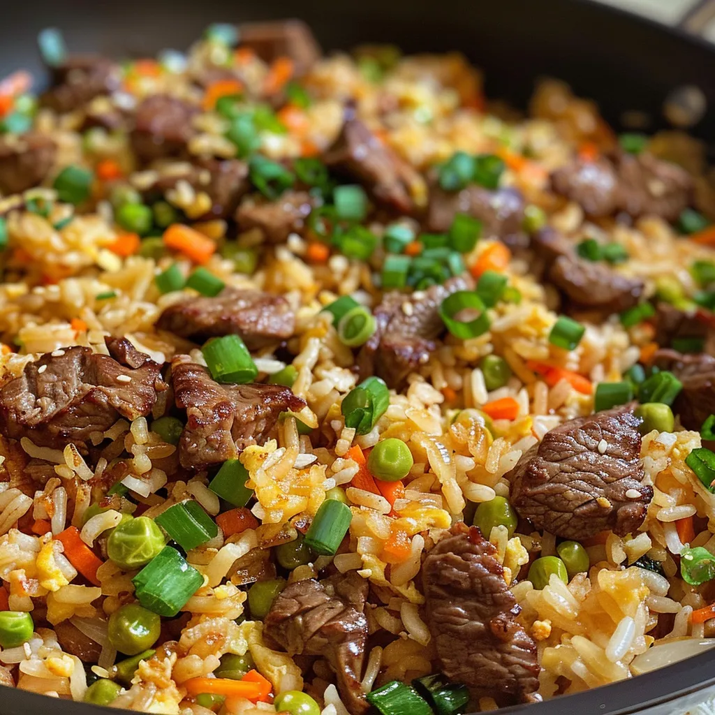 Side view of delicious Beef Fried Rice highlighting juicy beef and mixed vegetables.