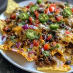 Close-up view of a plate of Easy Cheesy Beef Nachos with melted cheese and toppings.