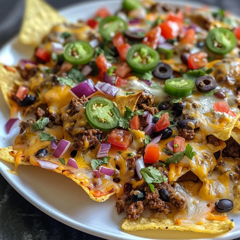 Close-up view of a plate of Easy Cheesy Beef Nachos with melted cheese and toppings.